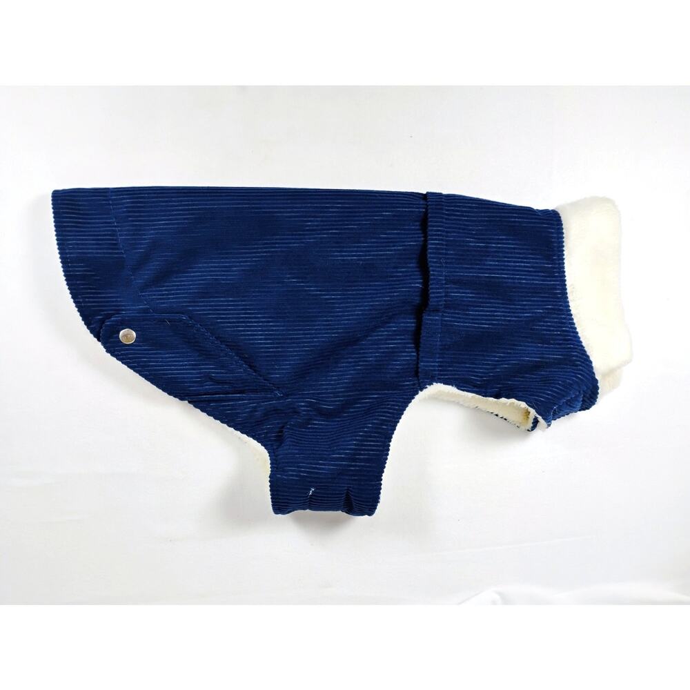 Blue Wide Wale Corduroy Dog Coat XL Microfleece Lined Hook Loop Closure